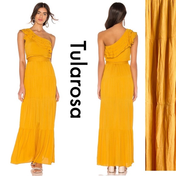 REVOLVE Tularosa Avery Yellow One-Shoulder Ruffle Crinkle Maxi Dress Tiered XS - Picture 1 of 9
